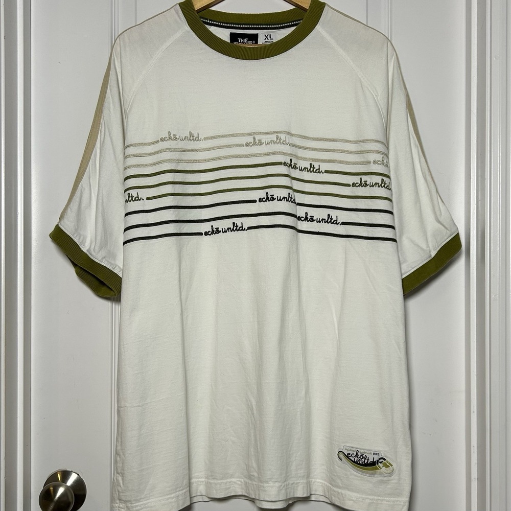 Ecko Unltd Vintage Y2K 2000s 100% Cotton White Green Stripe Logo Graphic T-Shirt